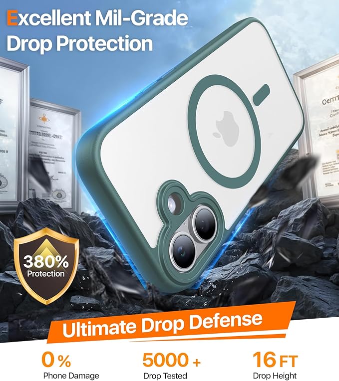 Magnetic for iPhone 17 Case,[Anti-Slip][Compatible with MagSafe][Military Grade Drop Protection] Shockproof Protective Translucent Matte Phone Case for iPhone 17 Case,Night Green