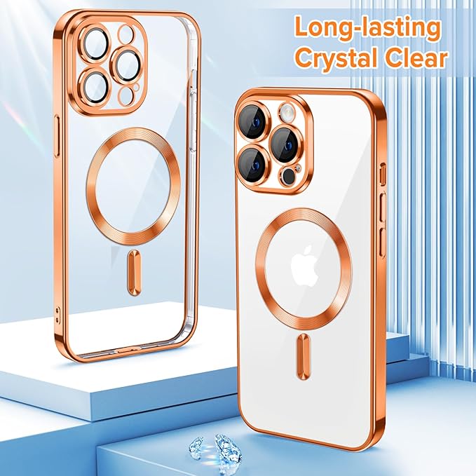 Hython Magnetic Clear for iPhone 14 Pro Case with Camera Lens Protector [Compatible with MagSafe] Luxury Plating Edge Slim Soft TPU Cover Protective Phone Case for iPhone 14 Pro 6.1", Orange