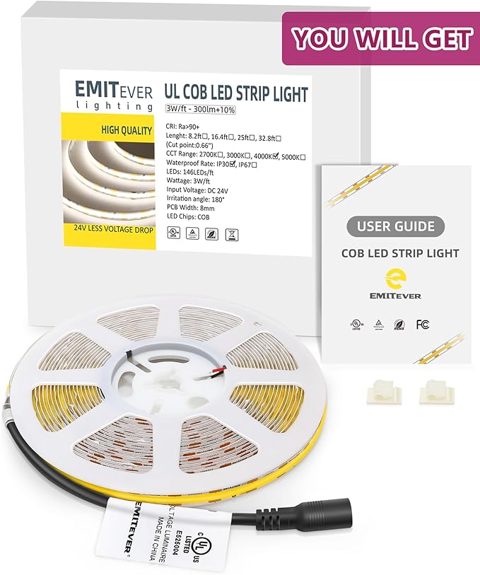 EMITEVER COB LED Strip Lights Neutral White 16.4ft, 4000K Ra 90+ Tape Light Premium High Density, 24V, 300+Lumens/ft, 2400LEDs/Spool, 3W/ft, UL Listed 5 Year Warranty (Power Supply Sold Separately)
