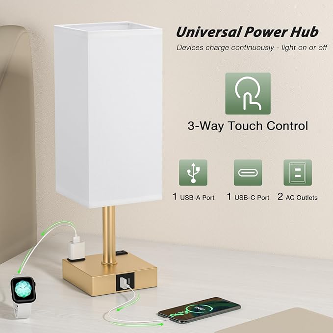 aooshine Gold Base Touch Lamps Set of 2 - Nightstand Lamp with USB-C + A Charge Ports & AC Outlets, 3-Way Dimmable Bedside Lamp, Small Table Lamp Light for Bedroom (Bulb Included)