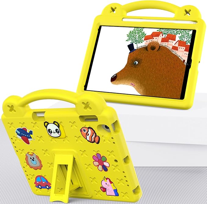 AKABEILA Compatible with Apple iPad Air 1 2013/Air 2 2014/Pro 9.7(2016)/iPad 9.7(2017/2018) Tablet Case, Kids Shockproof Protective Case with Shoulder Strap & Stand Handle & Pen Tray Yellow