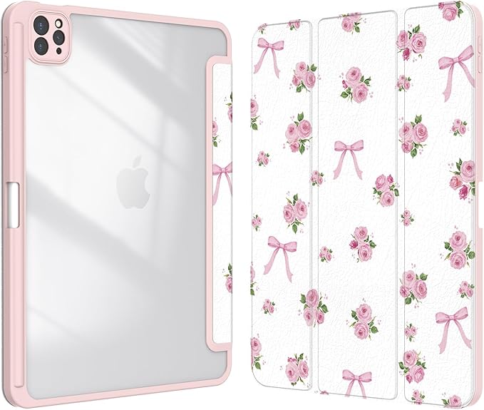 Case for iPad Pro 11 inch 4th/ 3rd/ 2nd / 1st Generation (2022/2021/2020/2018), Case with Pencil Holder, Clear Back Cover Cute Cool Design for Women Girls, Auto Sleep/Wake, Bow Rose