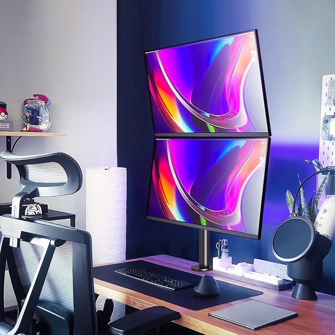 MOUNTUP Dual Monitor Stand, Vertical Monitor Mount for 2 Max 32 inch Stack Screen Monitors, Height Adjustable, Swivel, Tilt Monitor Desk Mount with C Clamp Grommet Base, Home Office