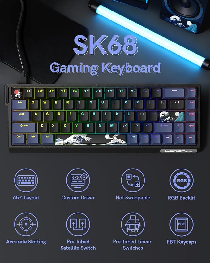 SK68 65% Gaming Keyboard, Wired Backlit Mini Keyboard w/100% Hot-Swap Socket 68 Keys Aluminum Gaming Wired Keyboard for PC Laptop Game