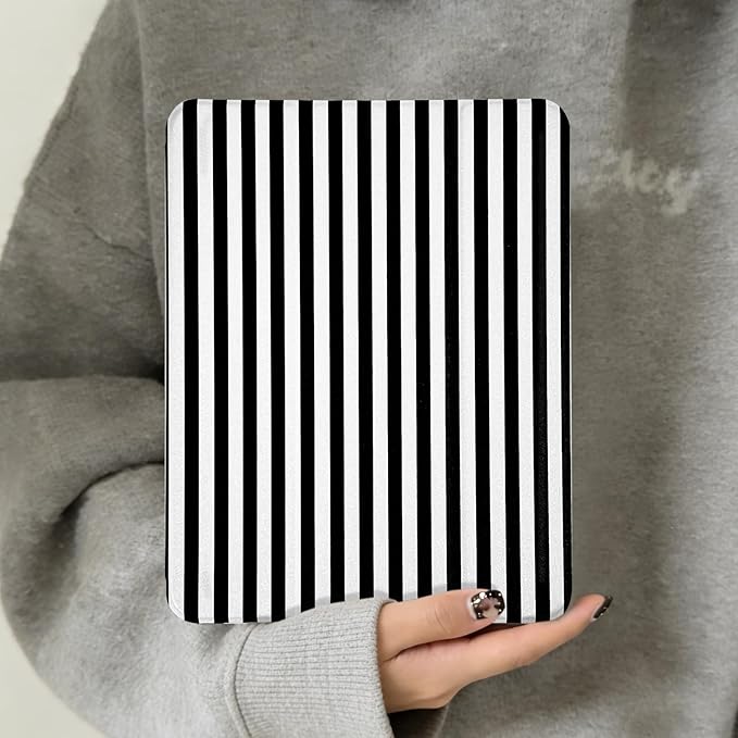 Lovmooful Compatible for iPad 11th 11-Inch A16 (2025),iPad 10 (10.9-Inch,2022 Model,10th Generation) Case with Pencil Holder Cute Striped Aesthetic Design Soft TPU Trifold Stand Protective-Black&White