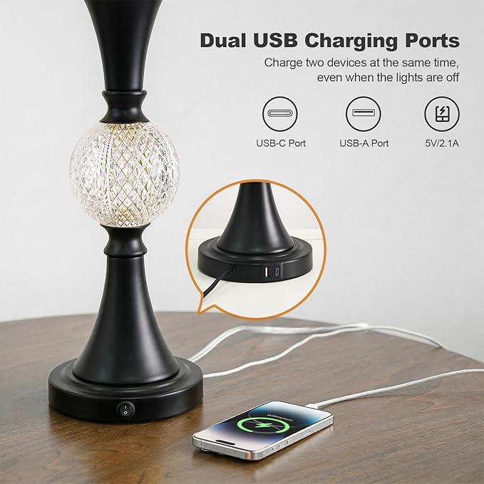 Oneach 28.5" Black Table Lamps Set of 2, Tall Luxury Bedside Lamps with Night Light, USB A+C Charging Ports, Elegant Metal Nightstand Lamps for Bedroom Office End Table Decoration
