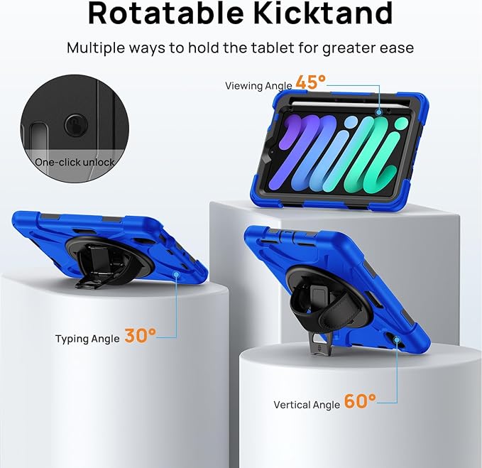 Gerutek Case for iPad mini 7 (A17 Pro) 2024/Mini 6 2021 8.3 inch, Shockproof Cover for iPad mini 7/6th Generation with Screen Protector, 360° Rotating Stand, Hand/Shoulder Strap, Pencil Holder-Blue