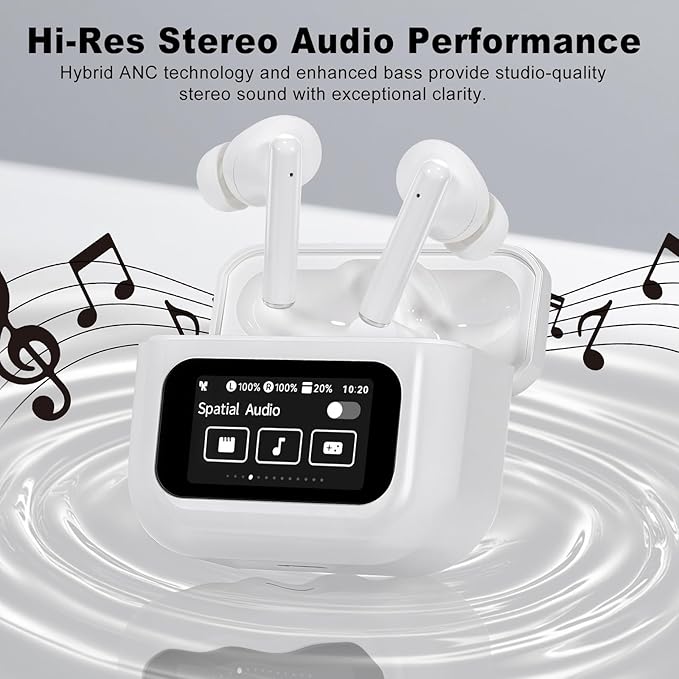 Wireless Earbuds, Bluetooth 5.4 Ear Buds with Touch Screen, ANC/ENC Noise Cancelling Earbuds with Charging Case, IPX7 Waterproof, 6 EQ Modes, 40H Playtime Stereo Sound Earphones for iOS Android(White)