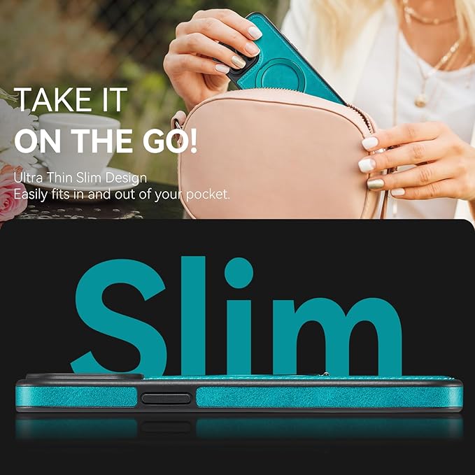 for iPhone 14 Pro Max Case with Stand, Compatible with MagSafe, Slim PU Leather & Durable TPU Protective Phone Cover Drop-Proof with Tempered Glass Screen Protector 6.7", Turquoise