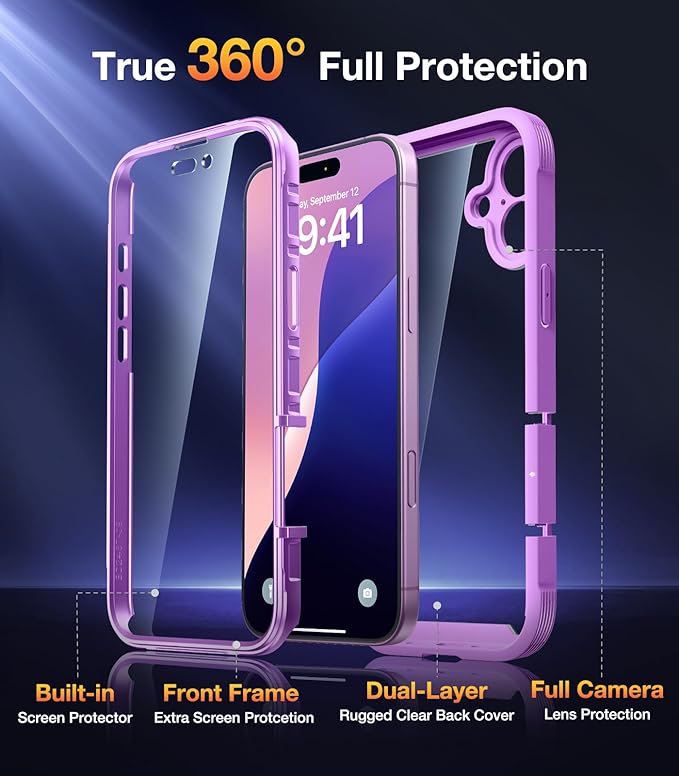 Diaclara Designed for iPhone 16 Plus Case 6.7 Inch,Upgraded [Full Camera Protection] Full Body Rugged Clear Bumper Case with Built-in Screen Protector,Dark Pink