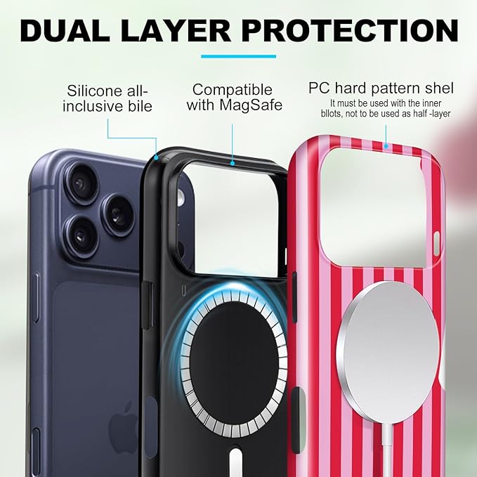 Magnetic for iPhone 17 Pro Case Cute Stripes Phone Case, Shockproof Slim TPU and Hard PC Protective Phone Cover Compatible with MagSafe Designed for Women Girls, Pink and White