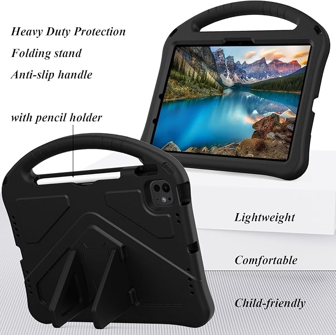 Kids Case for iPad Air 11 inch M4/M3/M2 (2026/2025/2024) & iPad Pro 11 inch M5/M4 (2025/2024) with Pencil Holder/Handle Kickstand/Lightweight Soft EVA Shockproof Boy Girl Stand Cover, Black