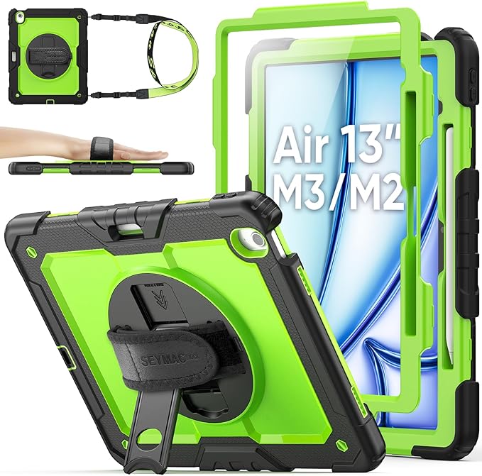 SEYMAC stock Case for iPad Air 13-inch M4-M2 2026-2024 (Gen 8-6), Shockproof Heavy Duty Case with Screen Protector, Pencil Holder, Rotating Stand, Hand Strap, Shoulder Strap, Green