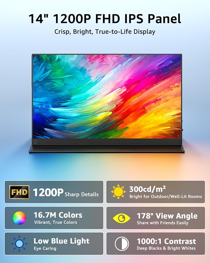 Yodoit Portable Monitor for Laptop 1920×1200 14" FHD Travel IPS Screen Display with USB Type C Port and Built-in Speakers with Cover Compatible with PC, MacBook, Xbox