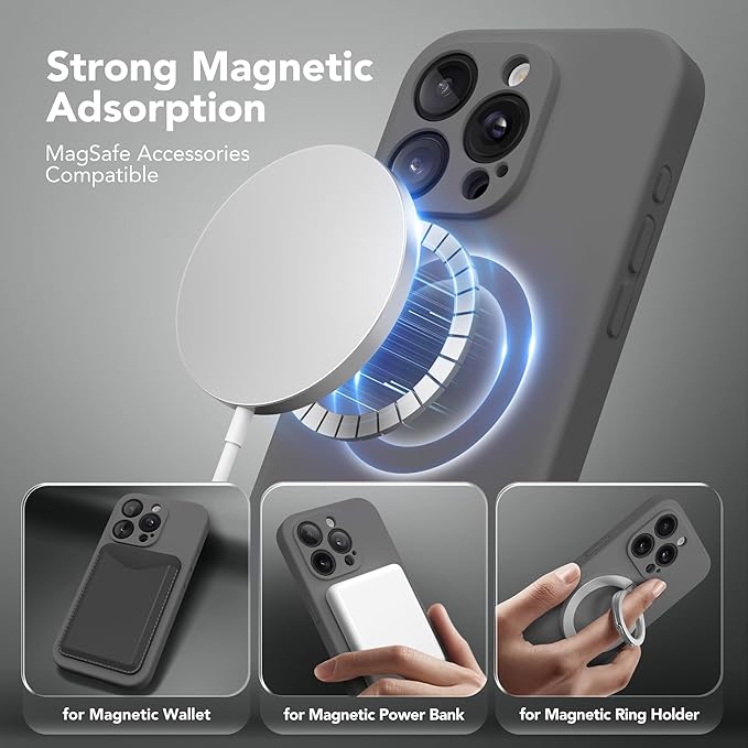 Magnetic for iPhone 15 Pro Case, Compatible with MagSafe, [Full Camera Protection][Screen Protector] Silicone Shockproof Protective Phone Case for iPhone 15 Pro 6.1", Dark Gray