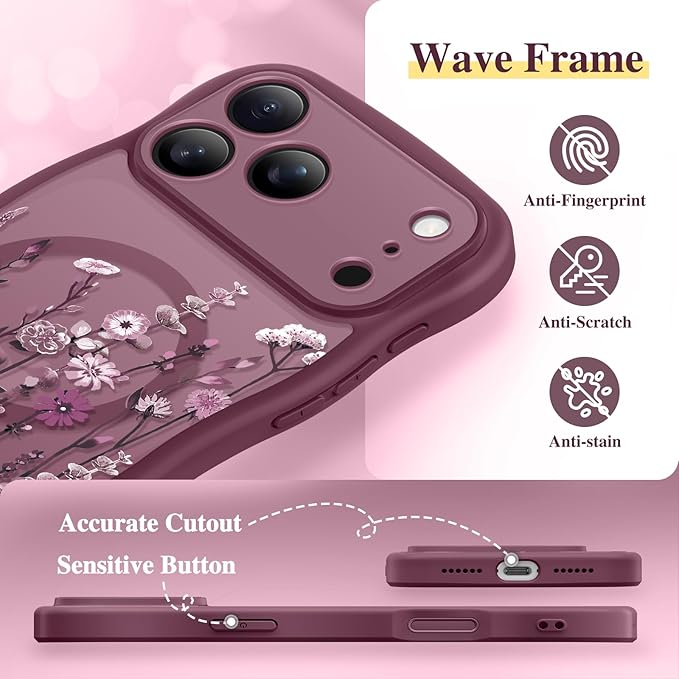GVIEWIN for iPhone 17 Pro Case Compatible with MagSafe [Curly Wave Edge][Full Camera Protection] Floral Translucent Shockproof Magnetic Women Phone Case for iPhone 17 Pro 6.3'', Floratopia/Burgundy