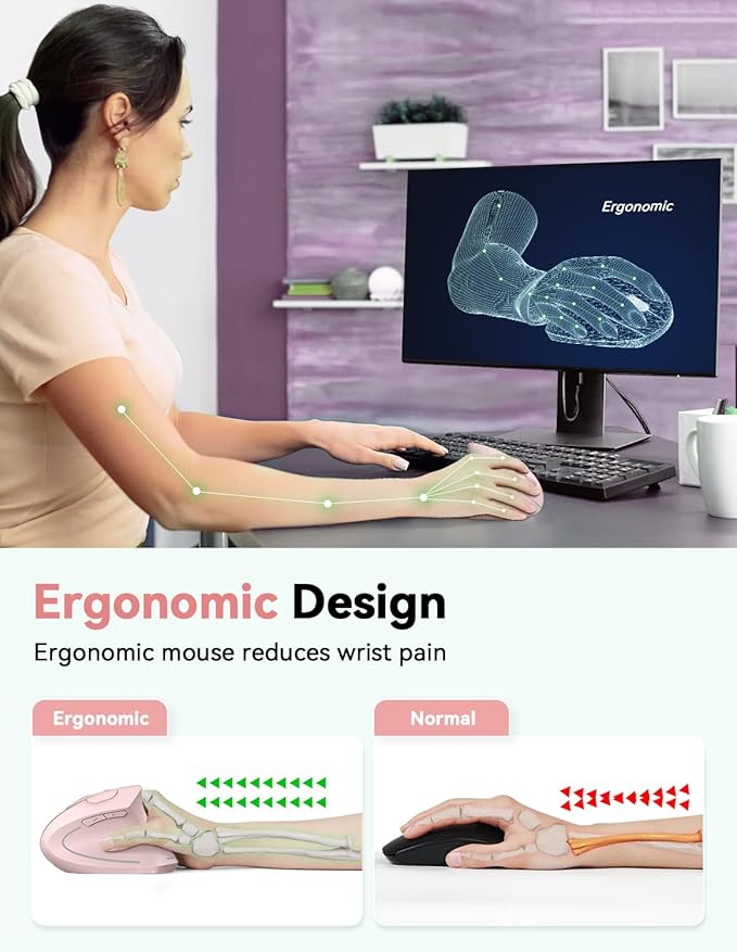 TECKNET 2.4G Ergonomic Mouse Vertical Wireless - 4800 DPI Optical Carpal Tunnel Mice Right Hand, 4800 DPI Adjustable, Quiet Clicks, 6 Buttons for Laptop, Desktop, PC, Computer - Pink