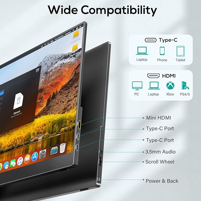 18.5 Inch Portable Monitor, FHD 120Hz IPS HDR 125% sRGB USB-C HDMI External Travel Monitor with Built-in Speakers, VESA Compatible for Laptop MacBook PC Surface PS5 Xbox