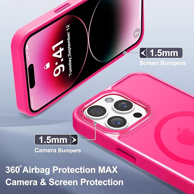 Newfuture Designed for iPhone 14 Pro Case with Magnetic [13 FT Military Drop Protection] [Compatible with Magsafe] Slim Translucent Matte Shockproof with Anti-Fingerprint Phone Case, Hot Pink