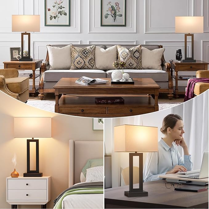 Seealle 22" Tall Living Room Lamps for Night Stands - Touch Bedside Lamp with USB C+A, 3 Way Dimmable Bedroom Lamps for End Tables Set of 2, Modern Night Stand Lamps for Bed Side(White&Black)