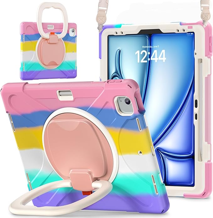 SCSVPN Kids Case for iPad Air 13 inch M4/M3/M2 2026 2025 2024 & iPad Pro 12.9'' 6th/5th/4th/3rd Gen 2022 2021 2020 2018, Protective Cover with Pencil Holder-Stand-Handle-Shoulder Strap, Colorful Pink