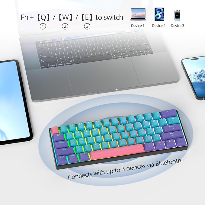 Fogruaden 60 Percent Wireless Gaming Keyboard, Wired/Bluetooth Mechanical Keyboard 60%, RGB Backlit, Hot-Swappable Red Switch