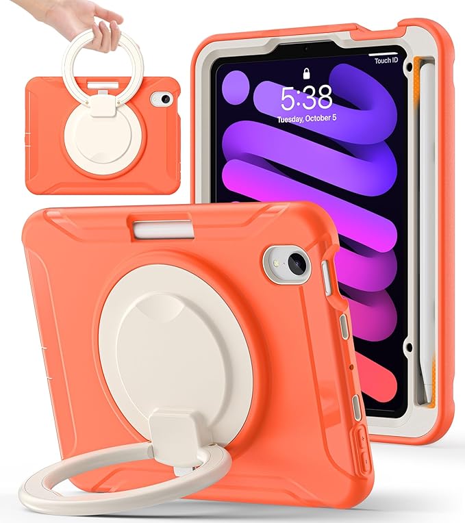 BATYUE Shockproof Case for iPad mini 7 (A17 Pro)/ Mini 6 8.3 inch (2024/2021) - 360° Multi-Angle Stand (Portrait & Landscape) & Grip, Built-in Pencil Holder, Coral Orange