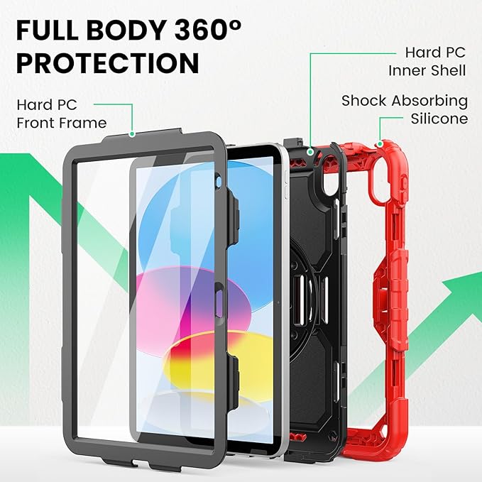 SEYMAC Case for iPad (A16) 11th/10th Generation 2025/2022 (11″/10.9″), Sturdy Heavy Duty Full-Body Shockproof Protective Case with Screen Protector, Rotating Stand, Hand/Shoulder Strap, Black/Red