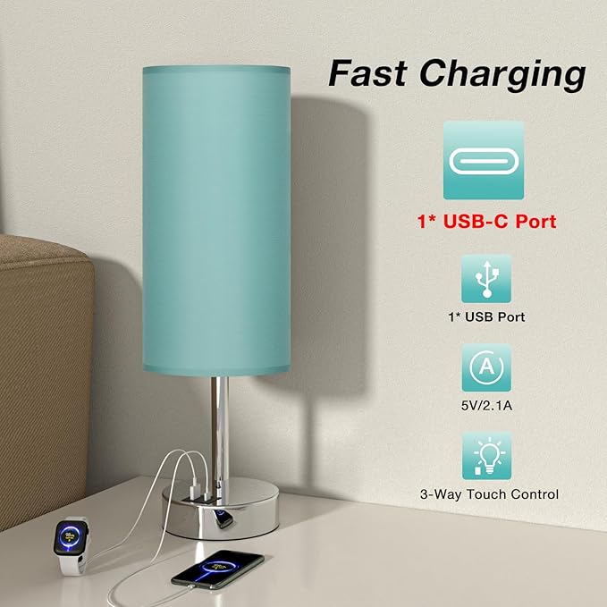Dicoool Teal Touch Bedside Lamps for Bedroom - Small Coastal Nightstand Lamp with USB-C and USB A Charging Ports, 3 Way Dimmable Control Table Lamp for Office, Dorm with Fabric Shade Silver Base
