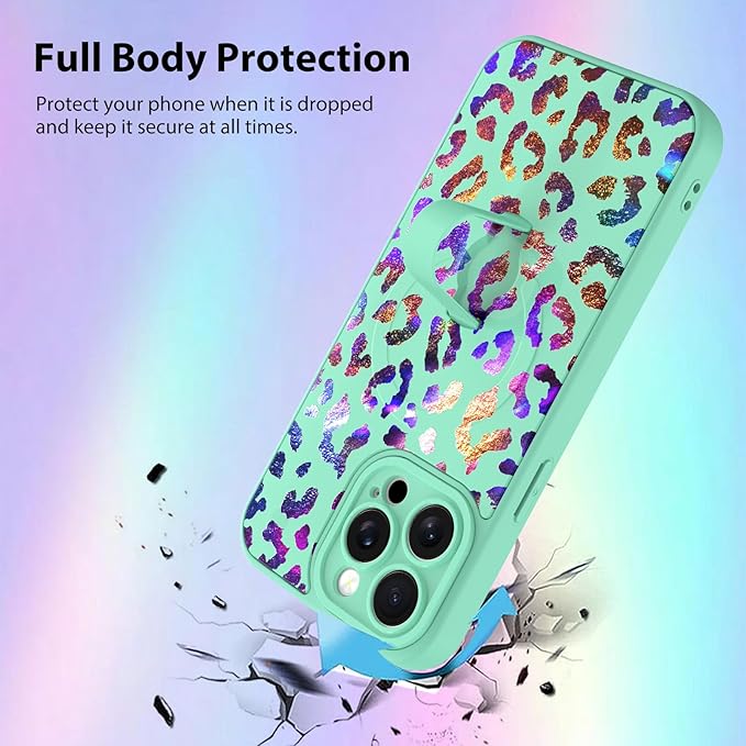 KANGHAR Compatible with iPhone 15 Pro Case, Support for MagSafe, Silicone Cute Iridescent Leopard Cheetah Pattern, Wristband Kickstand Shockproof Protective Slim Cover for Women Girls, Green
