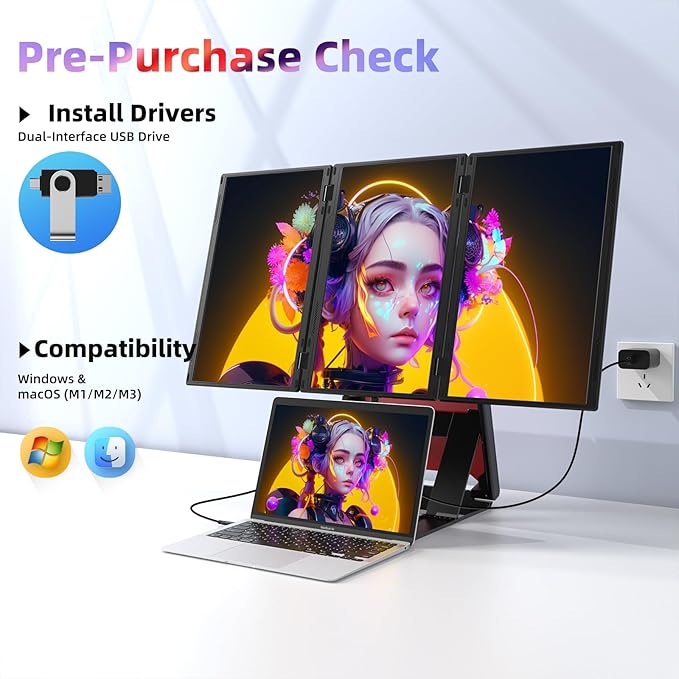 Quad Laptop Screen Extender, 15.6" FHD 1080P Quad Monitor, Combine into One 30" Screen (Landscape/Portrait), Just 1 Cable for 3 Screens, Driver Required, Compatible with Wins & Mac(M1/M2/ M3/M4/M5)
