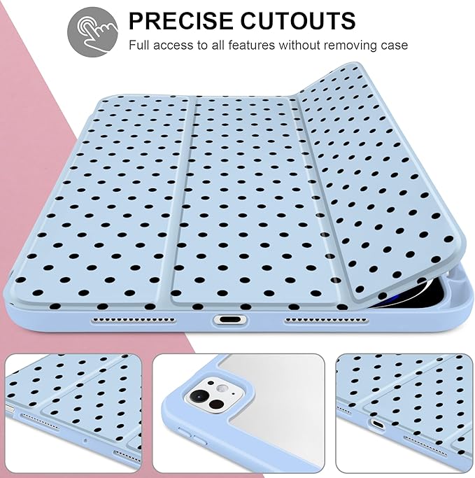 Case for iPad Pro 13 Inch (M5 2025 M4 2024) – [Built-in Pencil Holder], Shockproof & Stylish, Clear Hard Back + Soft TPU Edge, Magnetic Trifold Stand, Auto Wake/Sleep, Blue Polka dot