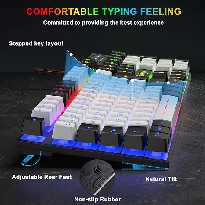 BlueFinger RGB Gaming Keyboard and Backlit Mouse Combo, USB Wired, LED Gaming Set for Laptop PC Computer Game and Work (Black & White)