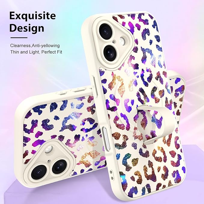 KANGHAR Compatible with iPhone 16 Case, Support for MagSafe, Silicone Cute Iridescent Leopard Cheetah Pattern, Wristband Kickstand Shockproof Protective Slim Cover for Women Girls, White