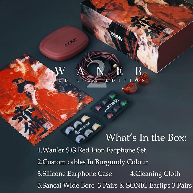 TANGZU Wan'er S.G II Red Lion in Ear Monitor, Gaming IEM Earphones, HiFi Wired Earphones with Silicone Headphone Organizer, Tang Sancai Wide Bore Eartips, Sonic Eartips (Red, Type C with Mic)