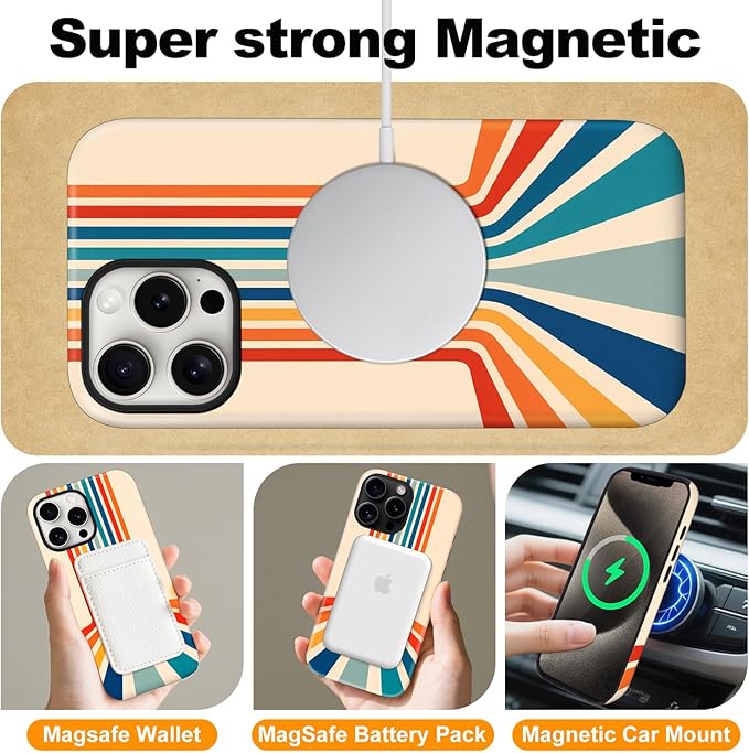 Magnetic for iPhone 13/14 Case Cute Stripes Phone Case, Shockproof Slim TPU and Hard PC Protective Phone Cover Compatible with MagSafe Designed for Women Girls,Retro Stretch