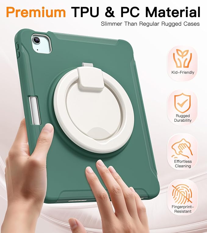 BATYUE Shockproof Case for iPad Air 11" M2/M3/M4, Air 4/5 10.9", iPad Pro 11" 1st-4th Gen 2018-2022 | 360° Multi-Angle Stand (Portrait & Landscape) & Grip, Built-in Pencil Holder, Jade Green