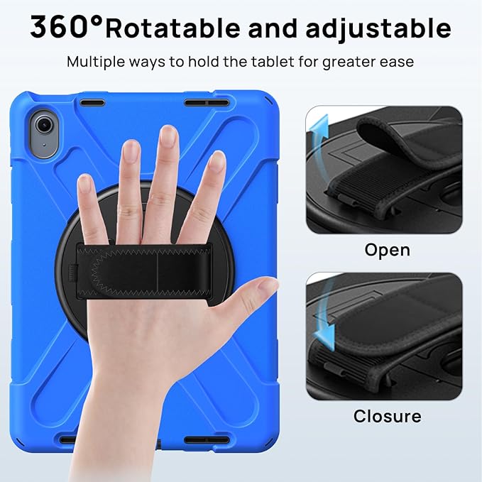 Gerutek Case for iPad (A16) 11th/10th Generation 11"/10.9" (2025/2022), Heavy Duty Shockproof Protective Case with Screen Protector, 360° Rotating Stand, Hand/Shoulder Strap, Pencil Holder - Blue