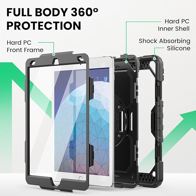 SEYMAC for iPad Air 3/ Pro 10.5 inch Case, Heavy Duty Full-Body Shockproof Protective Case with Screen Protector, 360° Rotating Stand, Hand/Shoulder Strap for iPad Air 3rd Gen, Black