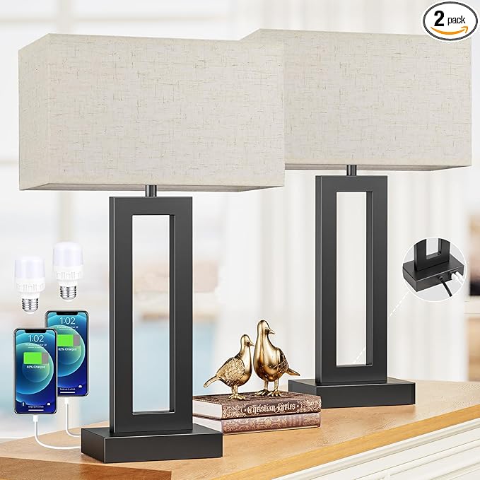 Seealle 22" Tall Living Room Lamps for Night Stands - Touch Bedside Lamp with USB C+A, 3 Way Dimmable Bedroom Lamps for End Tables Set of 2, Modern Night Stand Lamps for Bed Side(Cream&Black)