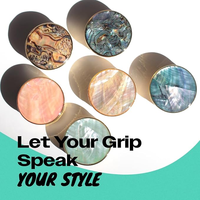 On The Grip Universal Phone Grip & Stand, Genuine Natural Gemstone/Seashell, Strong Adhesive Finger Holder, Collapsible Socket for iPhone, Samsung Galaxy, Kindle and Tablets (Blue Green)