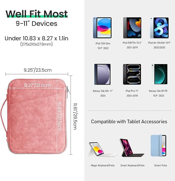 DTTO 9-11 Inch Tablet Sleeve Bag for iPad A16, iPad Air 11-inch M3 M2 / Air 5/4th Gen 10.9", iPad Pro 11 M4, iPad 10/9/8/7th Gen, Galaxy Tab A9+, Waterproof Travel Bag, Pink