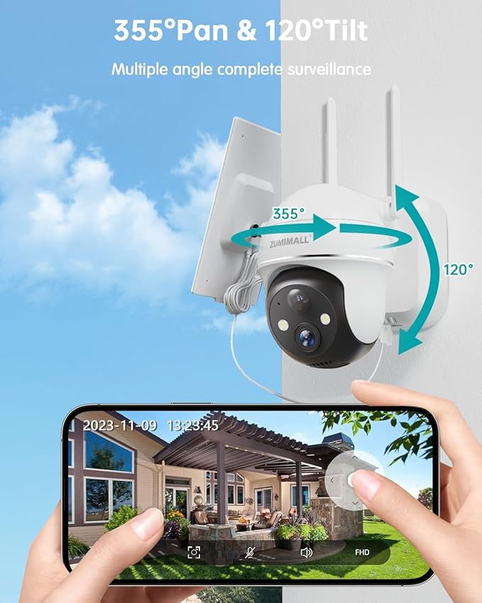 ZUMIMALL 5MP Solar Security Cameras Wireless Outdoor, Solar Powered Cameras for Home Security with 360° View, Color Night Vision, 2-Way Talk, AI Motion Alert, Siren, CloudEdge App Supported
