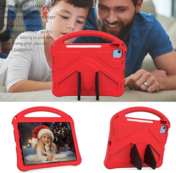 Shockproof Case for Apple iPad A16 11 Inch 2025 11th Gen/iPad 10th Generation 2025 10.9", with Shoulder Strap Soft EVA Handle Design Foldable Kickstand Kids Friendly Cover for Girls Boys, Red