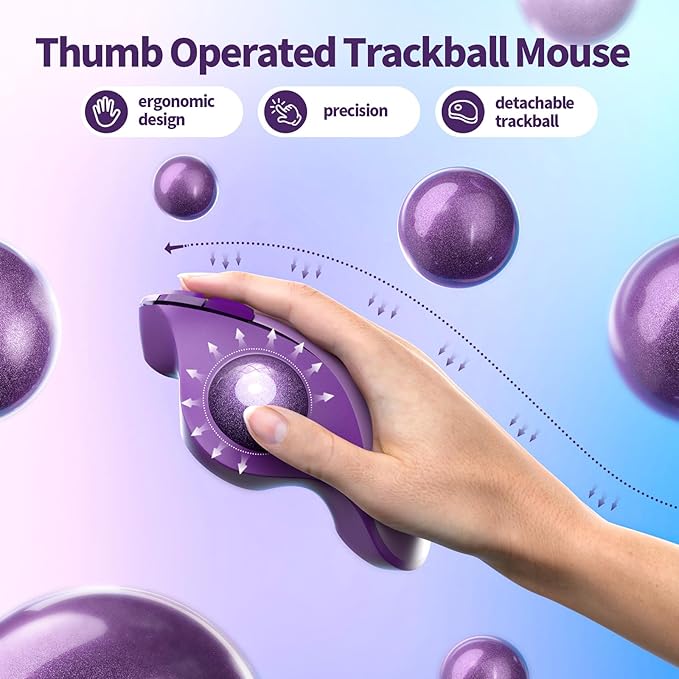 seenda Wireless Trackball Mouse, Ergonomic Bluetooth Rollerball Mouse Rechargeable, 3 Device Connection Optical Mice Adjustable DPI Thumb Control Mice Compatible for PC/Laptop/Windows/Mac - Purple
