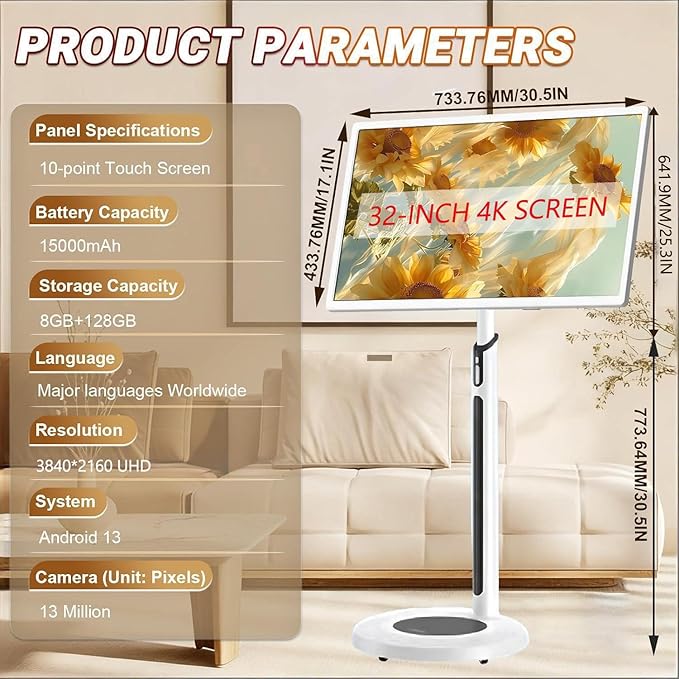 Portable Smart 27/32 in Full Hd Touchscreen Monitor, with Wheels and Remote Control, 5-6Hour Battery Life,Wireless/Wired Screen Mirroring, Rotating Display，4+64GB/8+128GB 32IN-8+128GB(4K)