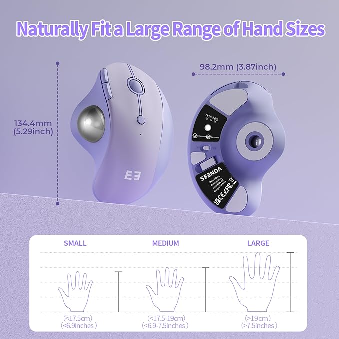 seenda Wireless Trackball Mouse, Ergonomic Bluetooth Rollerball Mouse Rechargeable, 3 Device Connection Optical Mice Adjustable DPI Thumb Control Mice Compatible for PC/Laptop/Windows - Light Purple