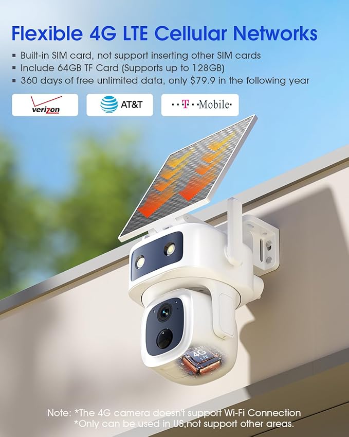maisi 4G LTE Cellular Solar Wireless Camera Outdoor, 360 Days Free Unlimited Data, Built-in SIM Card 64GB, No WiFi No Power Security Camera, 360° PTZ, 2K Color Night Vision, 2 Way Talk, AI Detection