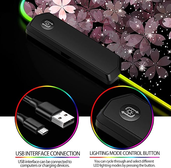 RGB Japanese Cherry Blossom Gaming Desk Mat, Computer Keyboard Large Extended Flowers LED Mouse Pad for Office and Home, 31.5×11.8 Inches, XL, Black