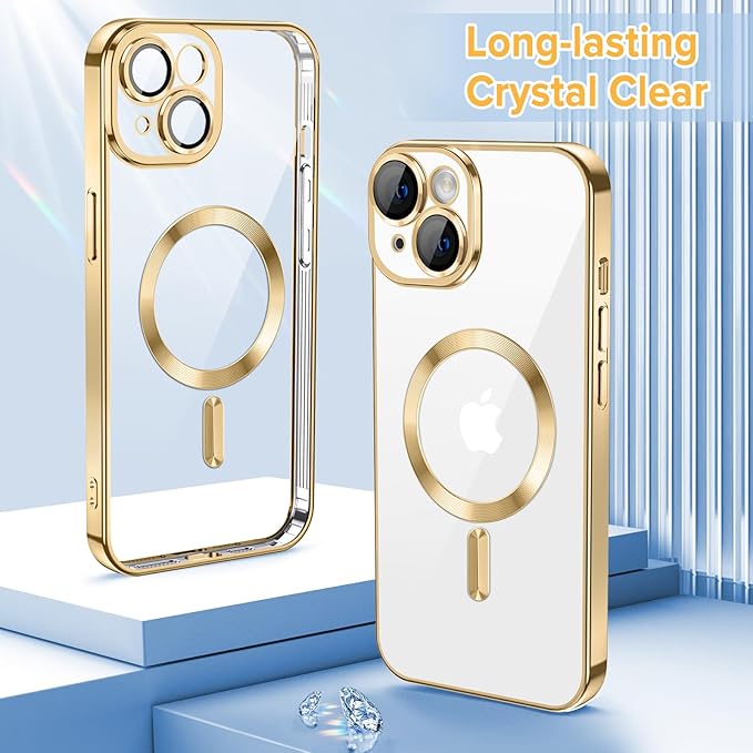 Hython Magnetic Clear for iPhone 14 Case with Camera Lens Protector [Compatible with MagSafe] Luxury Plating Edge Slim Soft TPU Cover Protective Phone Case for iPhone 14 6.1", Gold